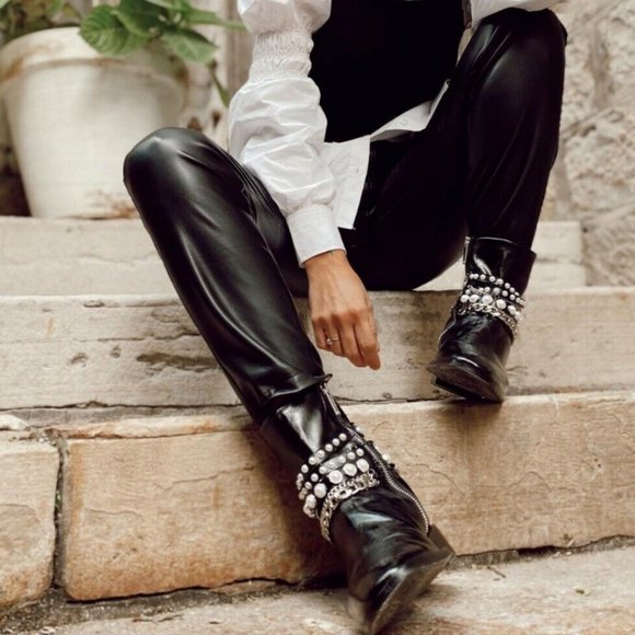 New Zara Short Heel Ankle Boots Pearl Beads Chains Leather Booties Combat Riding - Picture 12 of 14